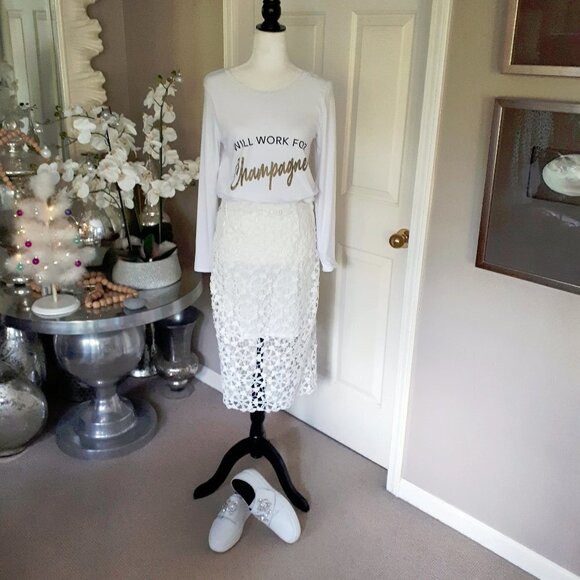 EUC Adiva white floral lace-like overlay midi skirt, S - Picture 5 of 10